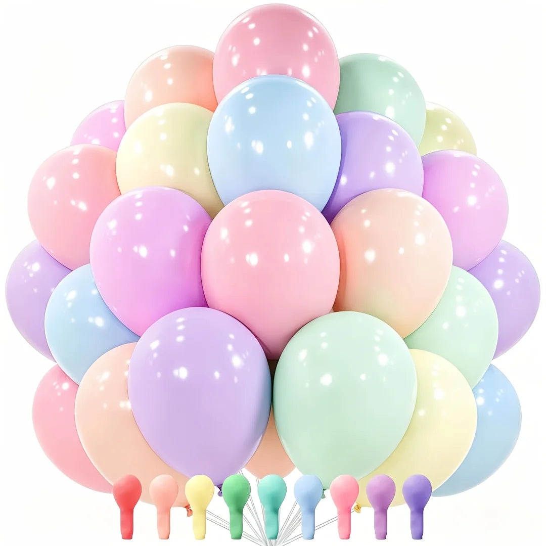 A cluster of pastel rainbow latex balloons in various shades including pink, purple, blue, and green.