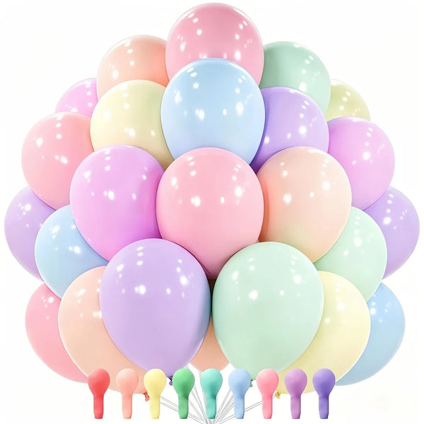 A cluster of pastel rainbow latex balloons in various shades including pink, purple, blue, and green.