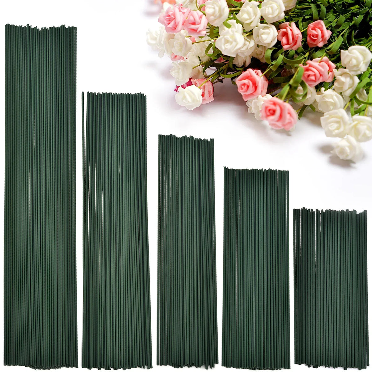A collection of artificial green flower stems used for DIY floral decor.