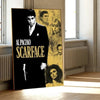 Impression sur toile d'un poster d'Al Pacino de Scarface avec d'autres acteurs et du texte.