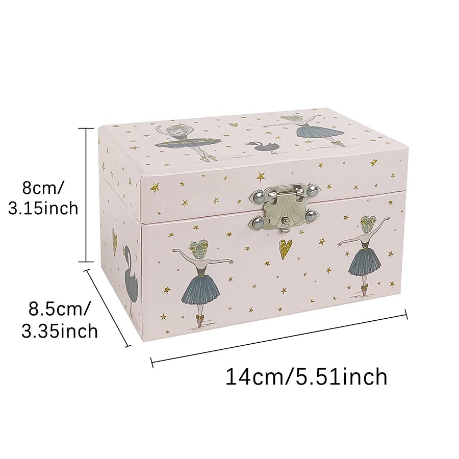 A light pink ballet music box with a lid, featuring rotating figurines and jewelry storage.