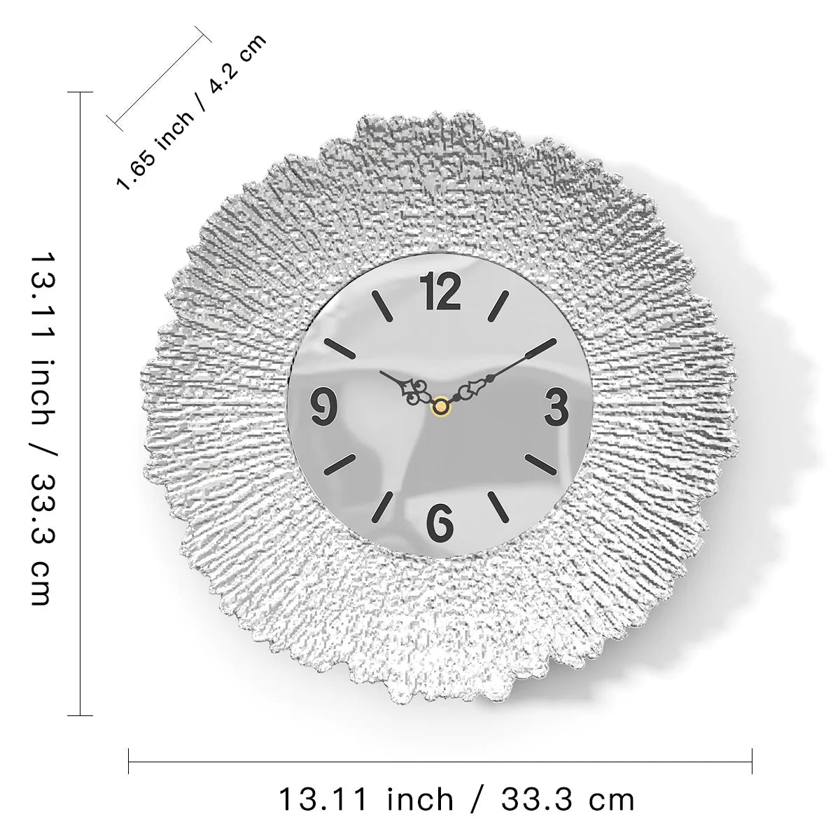 A round silver wall clock with a textured, sunburst design and a black face.