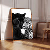 A close-up painting of a black panther and a white tiger head side by side.