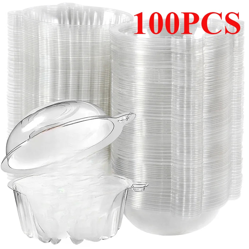 A set of 100 clear plastic bulk dessert packaging boxes for cakes and confections.