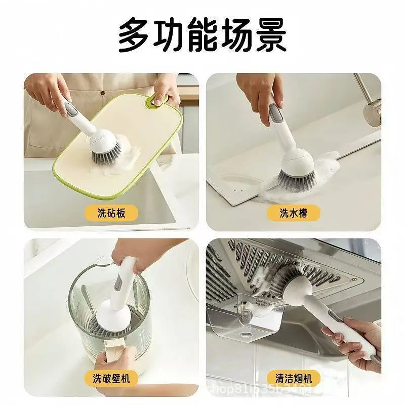 A set of multi-functional washing brushes including a scrubbing brush, a scouring brush, and a cleaning brush for kitchen and