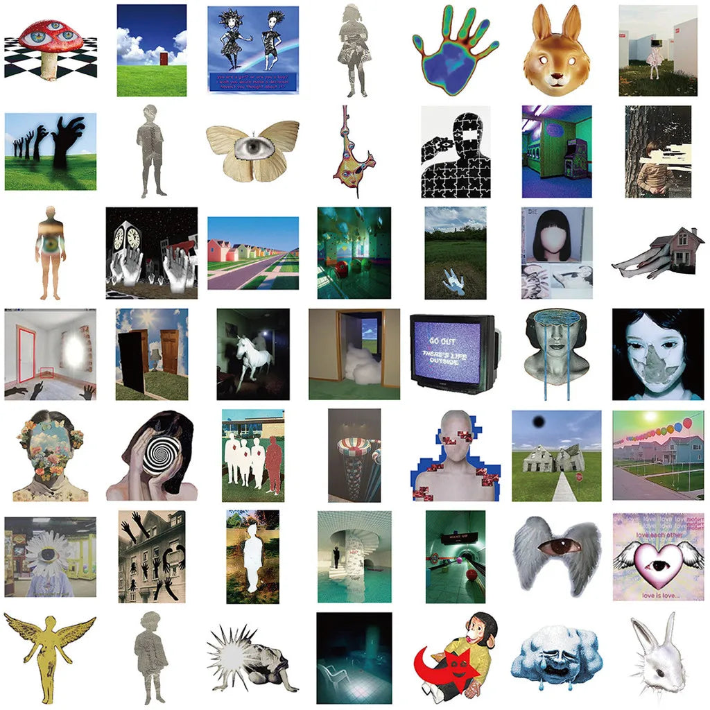 A collection of aesthetic acidic dreamcore graffiti stickers in a 50 pack