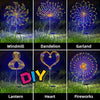 A grid showing various DIY solar fireworks garden lights including a windmill, dandelion, garland, lantern, heart, and firewo