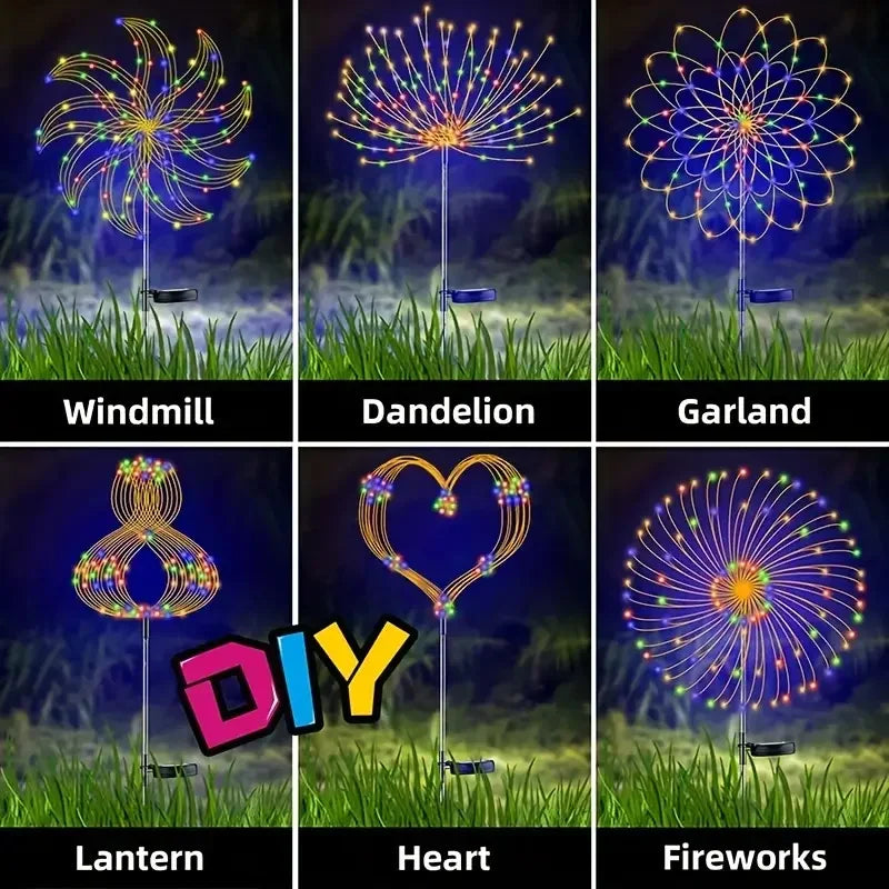 A grid showing various DIY solar fireworks garden lights including a windmill, dandelion, garland, lantern, heart, and firewo