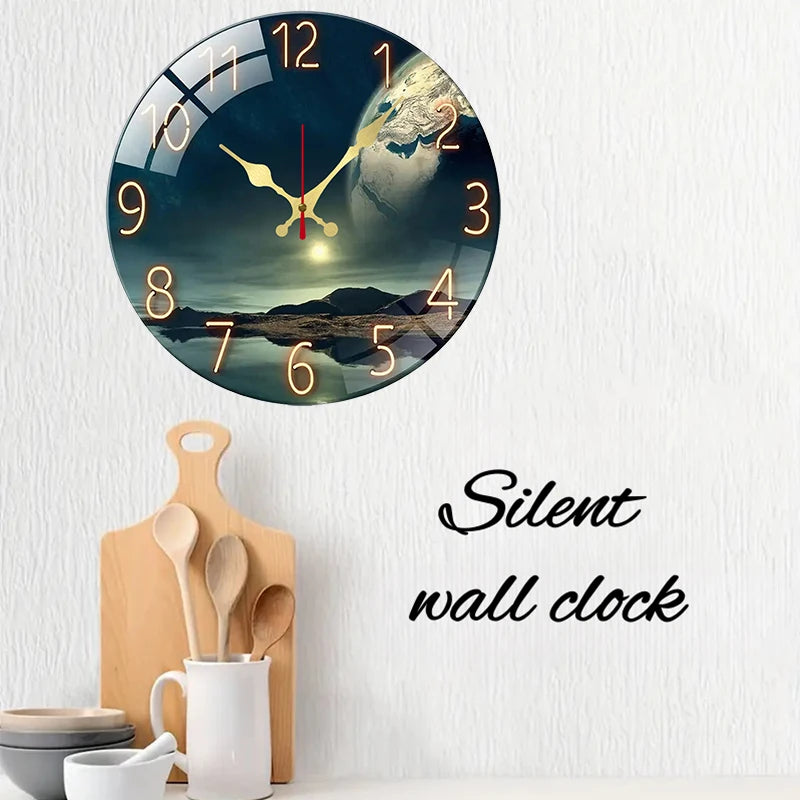 A rustic wooden wall clock featuring an earth landscape design with a moon and stars.