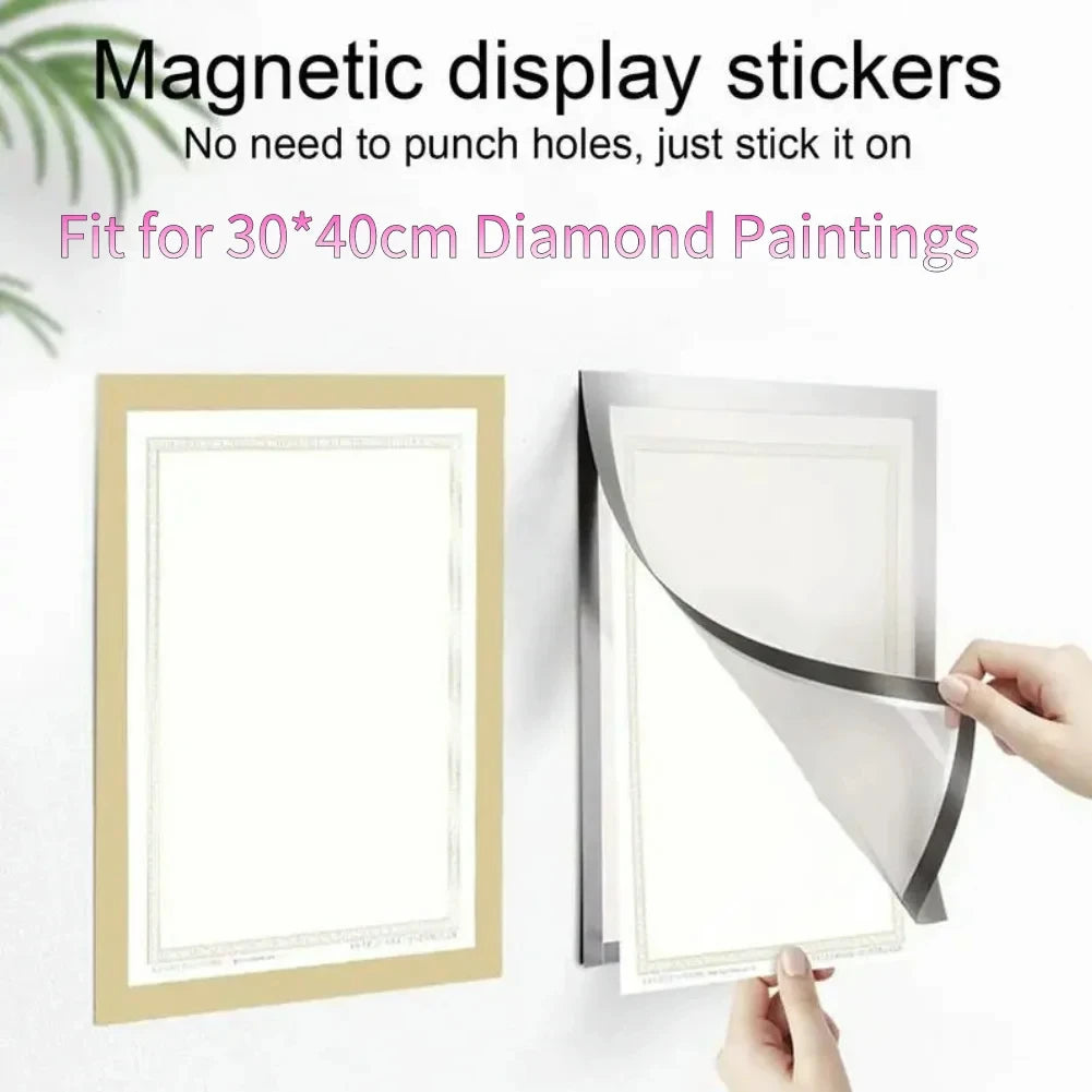Magnetic display stickers fit for 30x40cm diamond paintings shown on a framed piece of art.