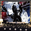 A tapestry wall hanging featuring Gojo Satoru from Jujutsu Kaisen in a dramatic, stylized portrait.