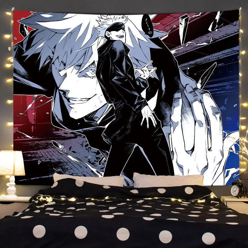 A tapestry wall hanging featuring Gojo Satoru from Jujutsu Kaisen in a dramatic, stylized portrait.