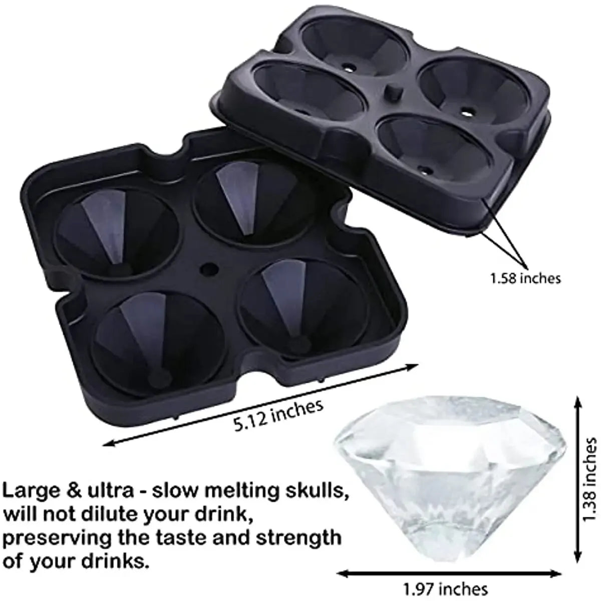 A set of silicone ice molds including skull, sphere, and diamond shapes for preserving drink flavor.