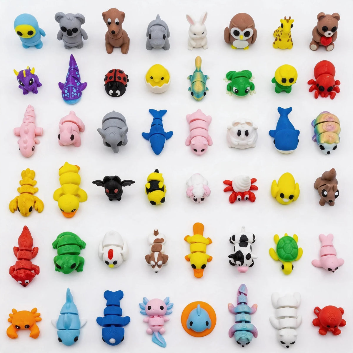 A collection of multi-animal 3D printed figurine ornaments in various colors and shapes.