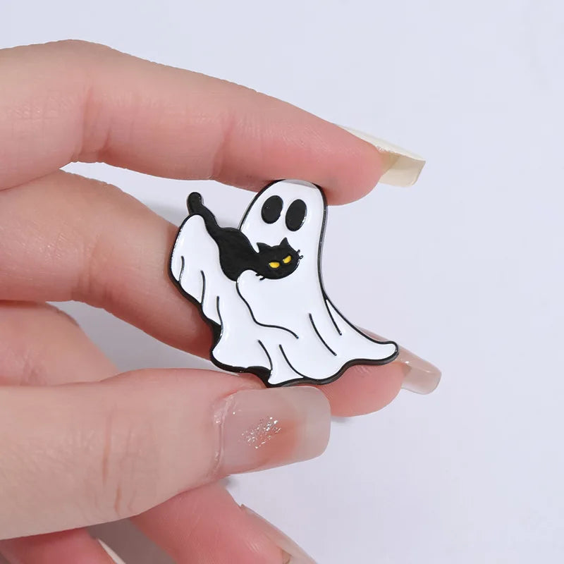 Halloween Enamel Pins Set - Cute Ghost, Black Cat, and Pumpkin Brooches for Kids