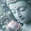 A serene statue of the Buddha with a glowing halo and a pink lotus flower in a detailed diamond painting design.