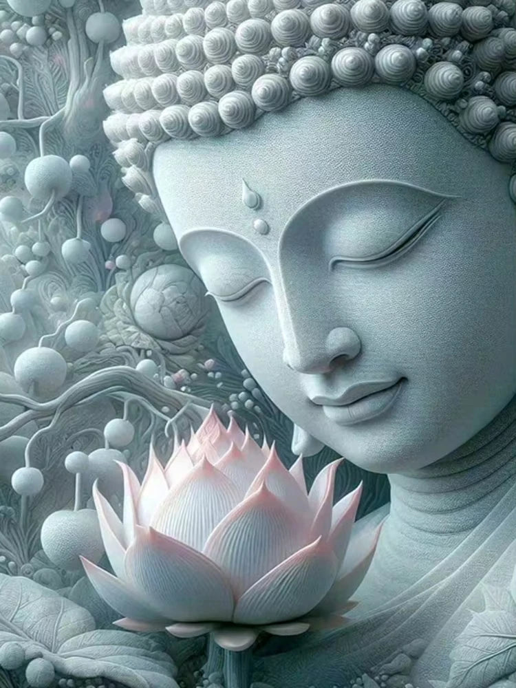 A serene statue of the Buddha with a glowing halo and a pink lotus flower in a detailed diamond painting design.