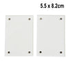 White acrylic magnetic photo frame measuring 5.5 x 8.2 cm with four mounting holes.