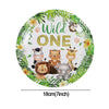 A plate featuring cute safari animals like a lion, elephant, and giraffe surrounded by green jungle leaves and flowers for a 