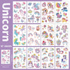 A set of 12 sheets of glitter unicorn temporary tattoos for kids featuring various unicorn designs and rainbows