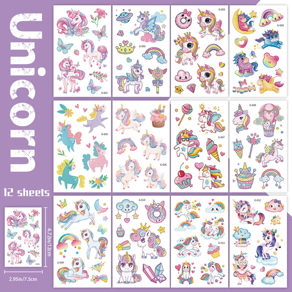 A set of 12 sheets of glitter unicorn temporary tattoos for kids featuring various unicorn designs and rainbows