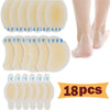 Pack of 18 clear hydrocolloid blister plasters for skin protection shown in various shapes and sizes.
