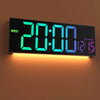 A digital wall clock displaying 20:00 on a black panel with green LED numbers and an orange glow.