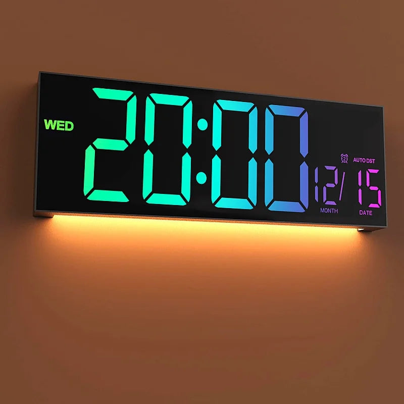A digital wall clock displaying 20:00 on a black panel with green LED numbers and an orange glow.