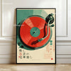 A framed canvas art print featuring a red vinyl record with a black tone arm and needle, set against a muted teal background.