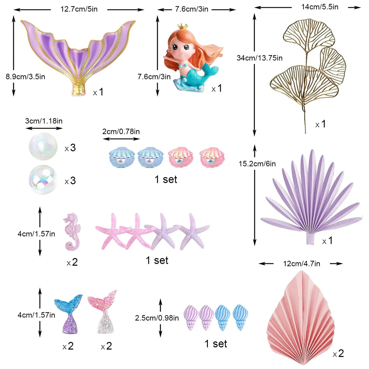 A set of mermaid cake toppers featuring purple and pink tails, shells, and seaweed in various shapes.