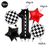 A set of five black and white checkered balloons, a red star balloon, and a tall black number balloon.