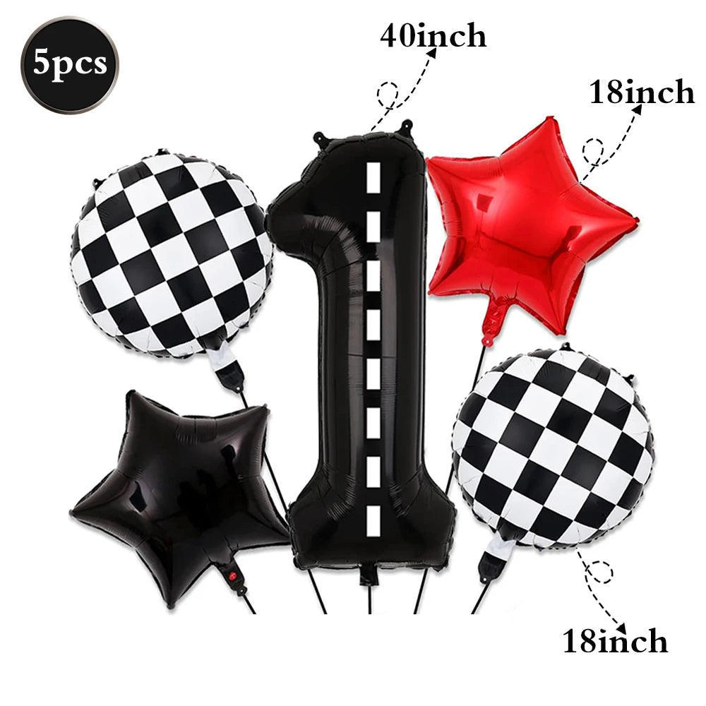 A set of five black and white checkered balloons, a red star balloon, and a tall black number balloon.