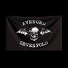 Black tapestry featuring a white skull with bat wings and the text AVENGED SEVENFOLD.