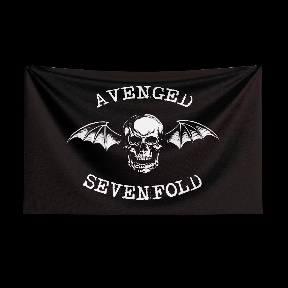 Black tapestry featuring a white skull with bat wings and the text AVENGED SEVENFOLD.