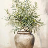 Watercolor painting of an olive tree in a ceramic pot against a light background.