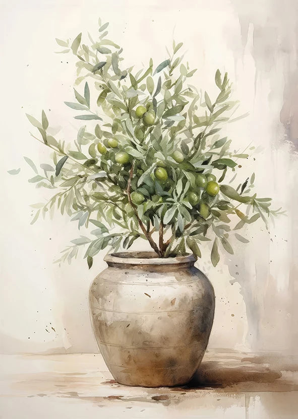 Watercolor painting of an olive tree in a ceramic pot against a light background.