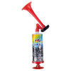 A red reusable air pressure horn with a black nozzle and decorative graphics.