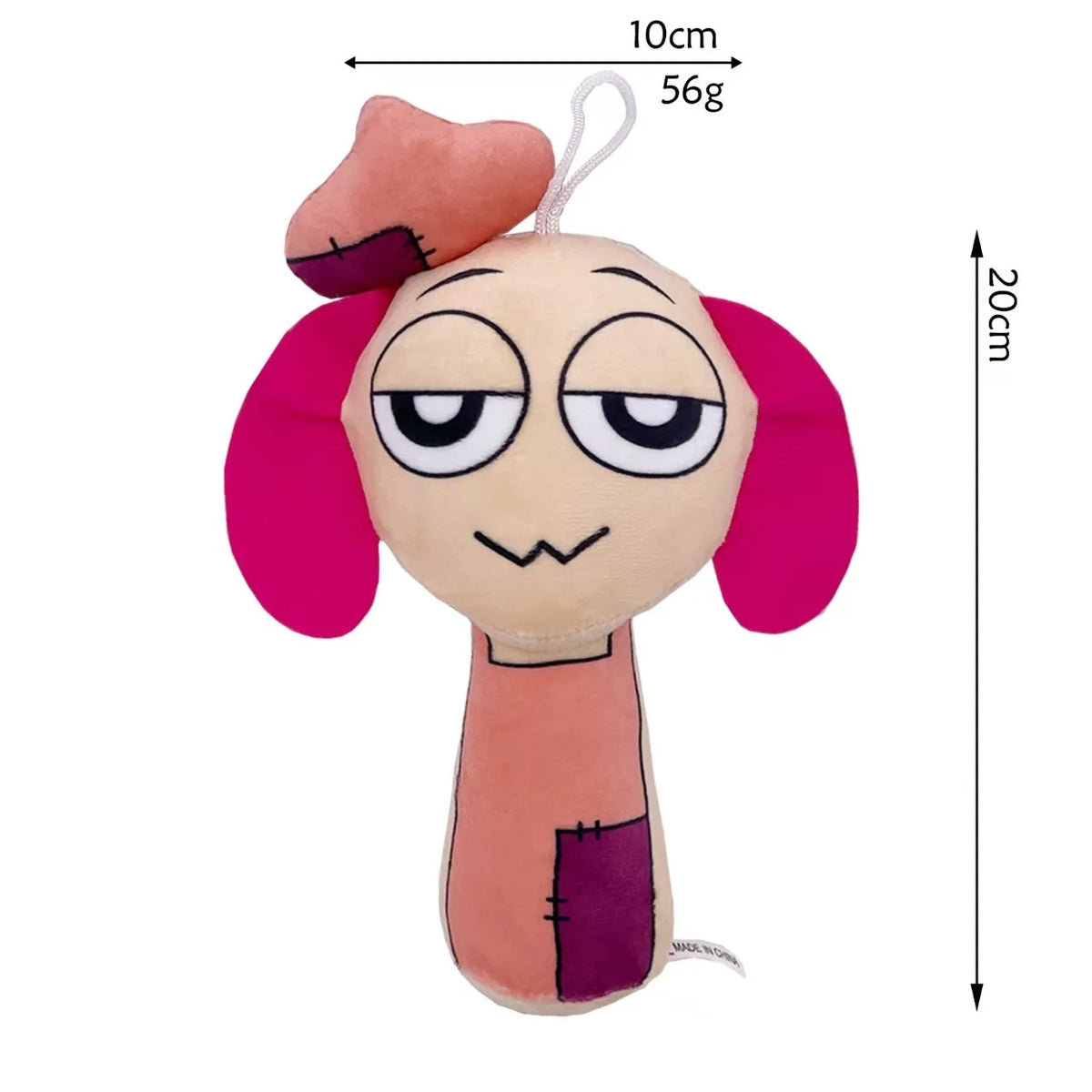 A pink plush toy with large eyes and floppy ears, measuring 20cm tall and weighing 56g.