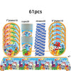 A set of 61 pieces for a birthday party decoration featuring colorful characters and plates.