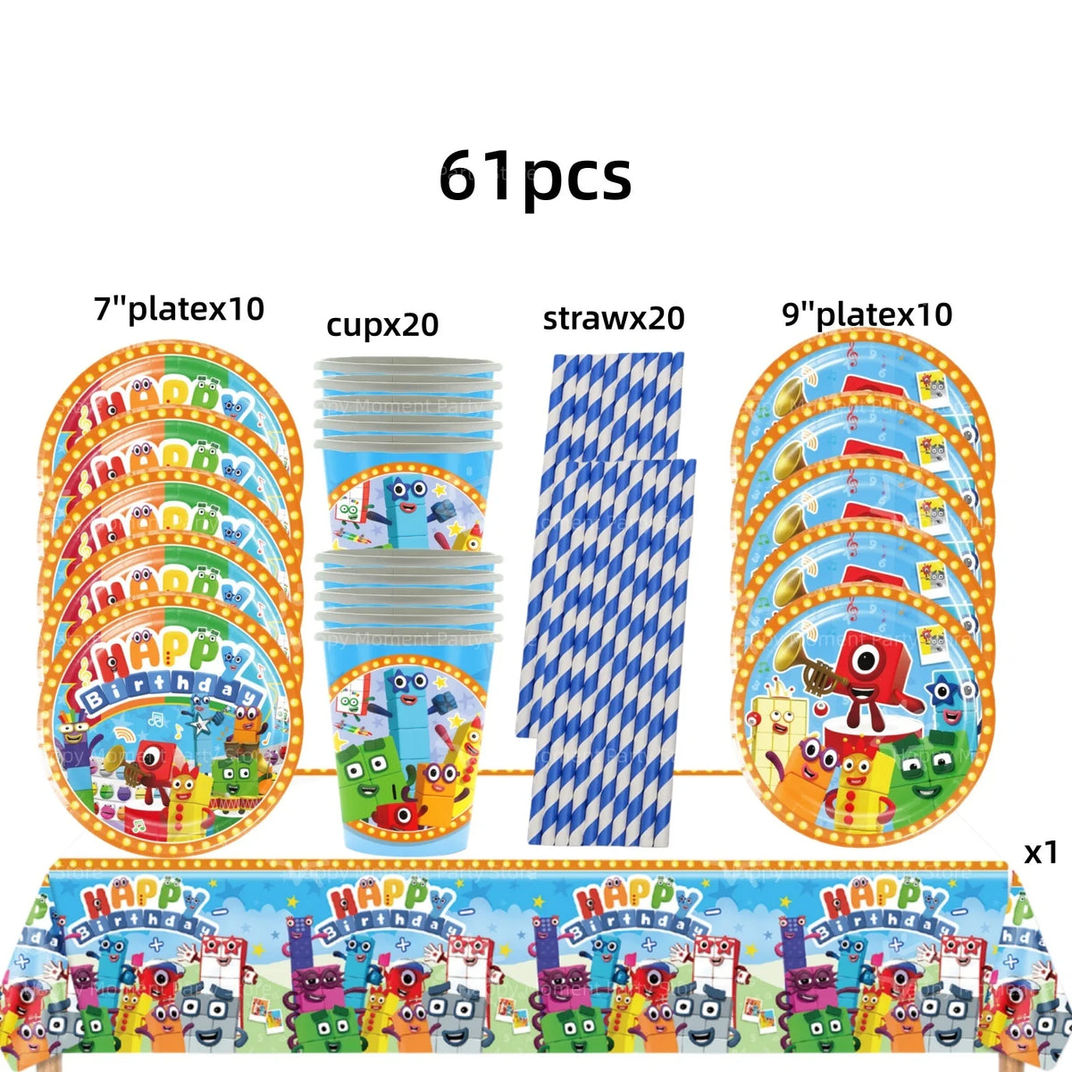A set of 61 pieces for a birthday party decoration featuring colorful characters and plates.