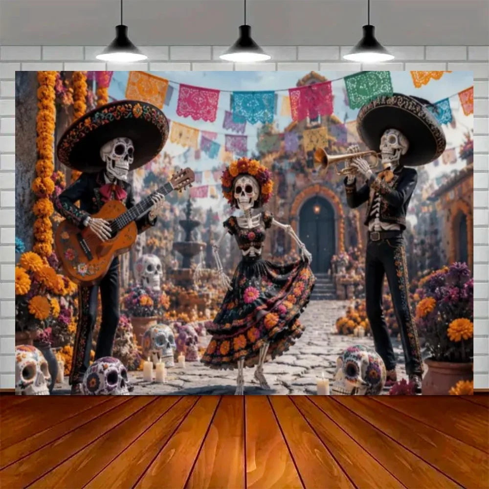 Day of the Dead Skeleton Carnival Backdrop for Halloween Party Decorations