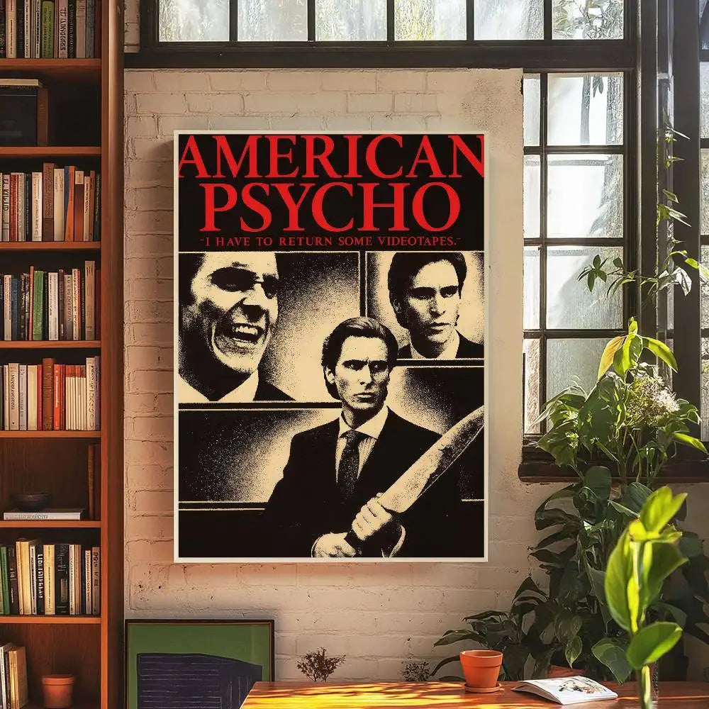A movie poster for American Psycho featuring a black and white portrait of Christian Bale.