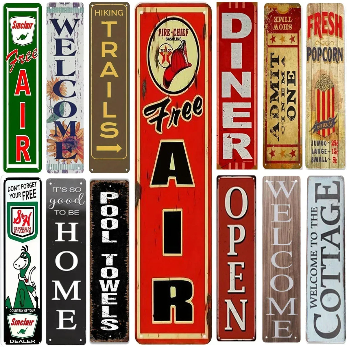 A collection of vintage funny metal street signs featuring words like Free, Diner, and Welcome.
