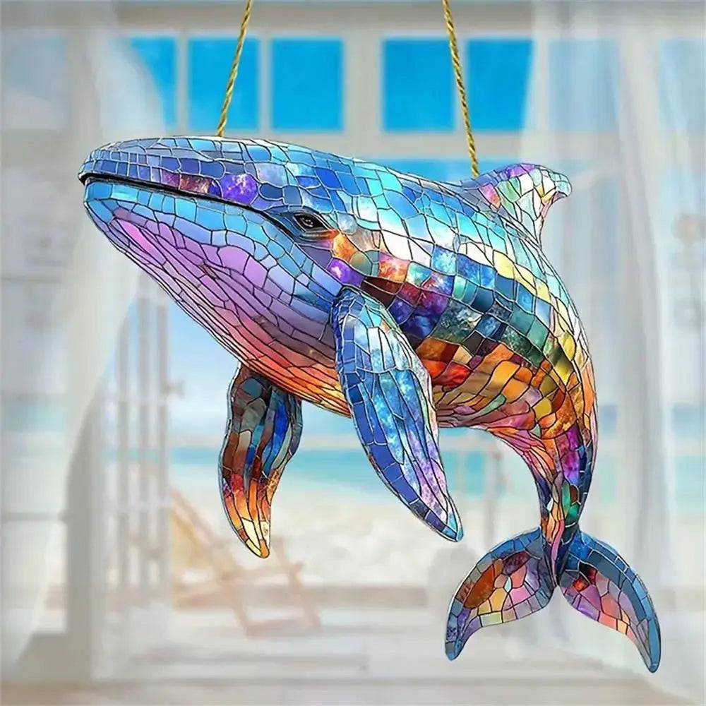 A colorful acrylic hummingbird suncatcher ornament shaped like a dolphin, hanging against a bright background.