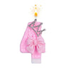 Pink bow crown number birthday candles set with a lit wick