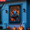 A window banner featuring a terrifying clown with an orange pumpkin and spider web design displayed on a house facade.