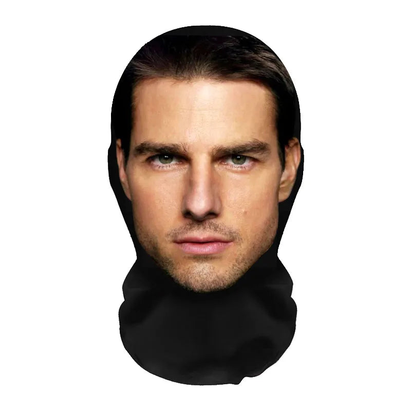 A realistic black balaclava mask worn by a male model, shown from the chest up.
