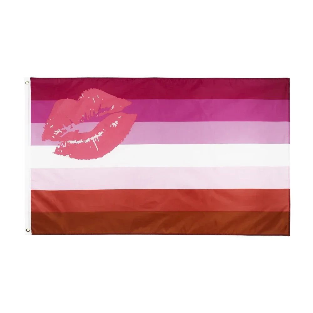 A horizontal rainbow pride flag banner with six colored stripes: magenta, pink, white, light pink, white, and reddish-pink.