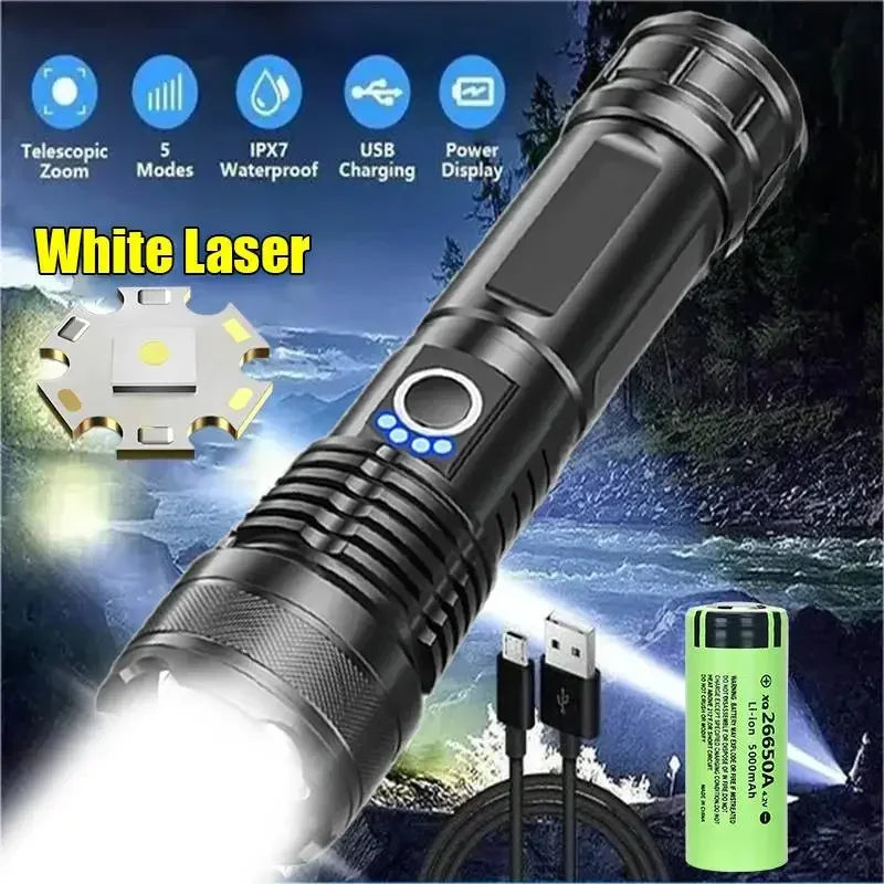A black white laser telescopic zoom flashlight is shown illuminating a scene with a green battery pack.
