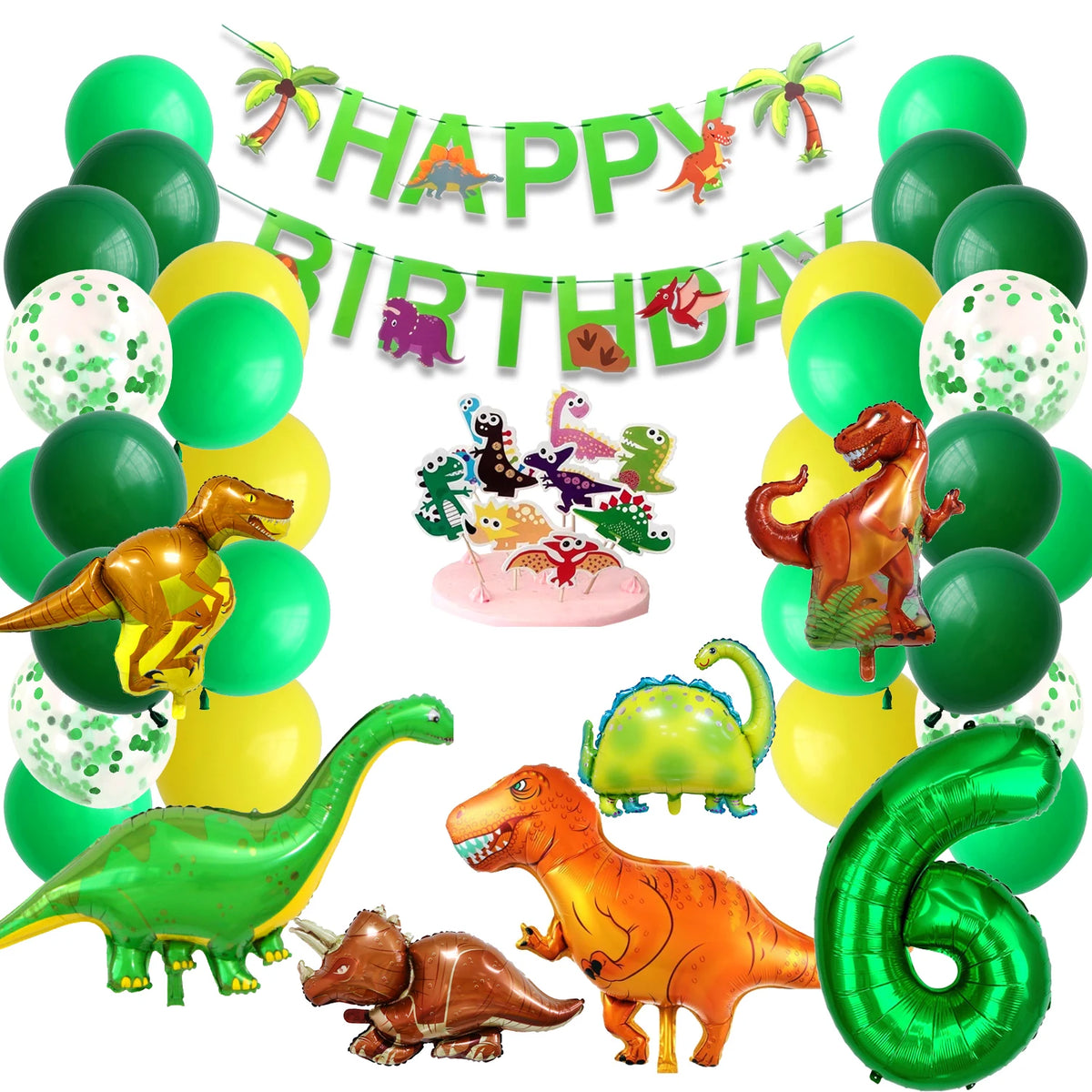 A collection of green and yellow foil balloons, a banner, and dinosaur-themed decorations for a party.